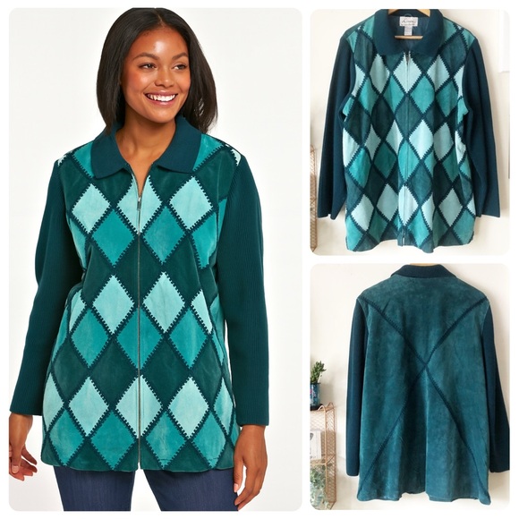 Linea by Louis Dell’Olio Teal Suede Argyle Full Zip Jacket Sweater Coat 1X 90s - Picture 1 of 12